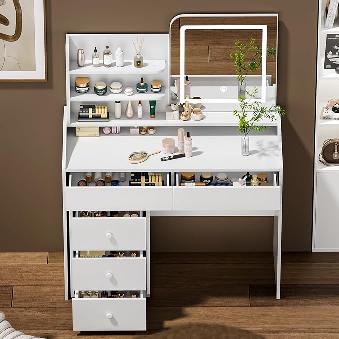 White Makeup Vanity Desk with LED Mirror & Movable Storage Cabinet, 3-Tier Open Shelves, 5 Drawers, Adjustable 3-Color Lighting for Bedroom