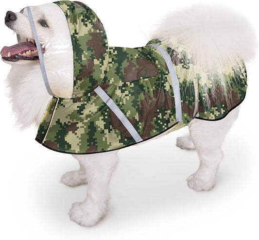 Dog Raincoat, Adjustable Dog Rain Jacket with Clear Hooded Double Layer for Large Medium Small Dogs Puppies, Waterproof Rain Coat Poncho Mosaic Camouflage, Green-L