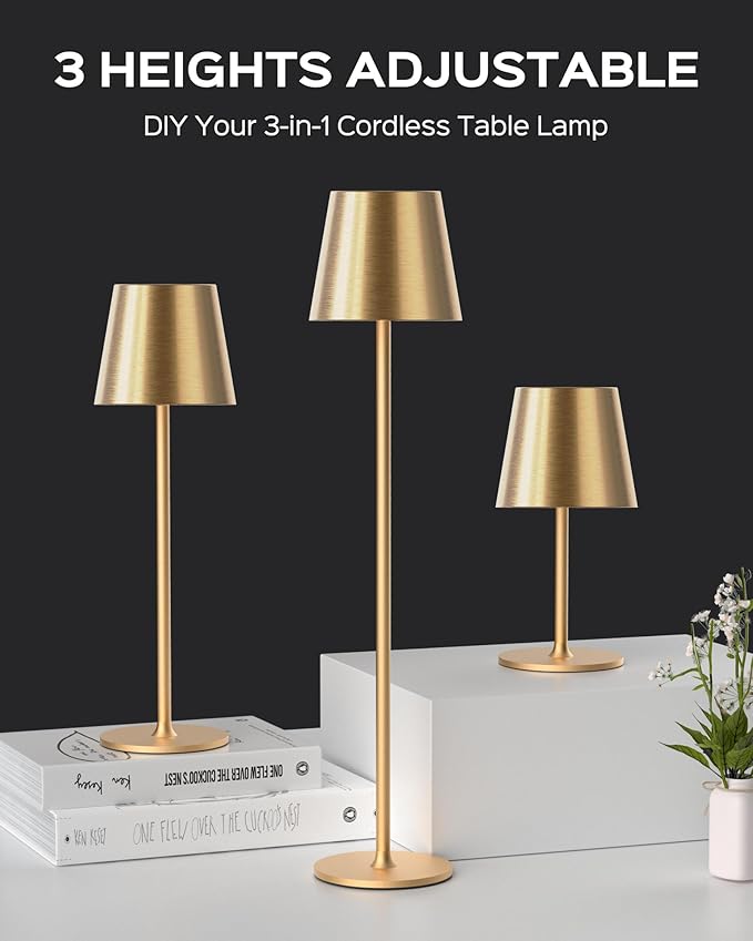 JACKYLED Cordless Table Lamps Rechargeable, 3 Adjustable Height, 5000mAh Battery Operated, 3 Colors Smooth Dimming, Portable LED Waterproof Gold Lamp for Dining, Bedroom, Outdoor (2 Pack)