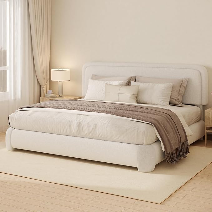 King Boucle Platform Bed Frame with Height Adjustable Headboard, Modern Upholstered Cloud Bed, Sleek Curved Design, No Box Spring Needed, Easy Assembly, Noise Free, White