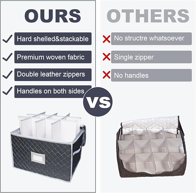 VERONLY Wine Glass Storage Box with Dividers Holds 24 Stemware Storage Cases or China Crystal Glassware Containers with Handles and Lable Window (15.5" x 12.5"x10")-Set of 2 Grey