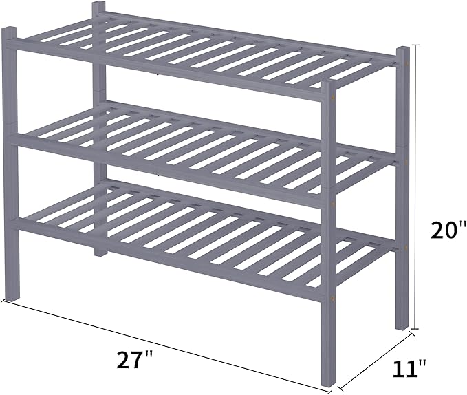 3 Tier Bamboo Shoe Rack for Closet Free Standing Wood Shoe Shelf Storage Organizer for Entryway Small Space Stackable 27"x11"x20" (Grey)