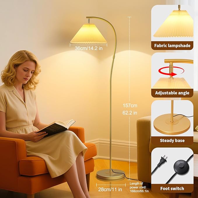 Unique Arc Floor Lamp, Bright 12W Three-Color Dimming, 14-inch Pleated Lampshade, Brass Gold Light Pole, Living Room Corner Bedroom Bedside Office Standing Reading Lamp, Modern Home Decor Tall Light