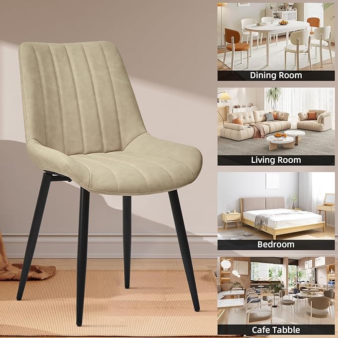 Dining Chairs Set of 4, Faux Leather Modern Linear Design Dining Chair with Metal Legs, 16.9" Seat Width Chair for Kitchen, Lounge, Reception Room, Restaurant, Commercial (Beige)