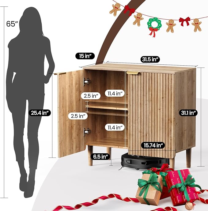 Sideboard Buffet Storage Cabinet - Wood Cabinets with Adjustable Shelves Fluted Doors, Anti-Tip Console Table for Kitchen Dining Living Room or Entryway Hallway, Easy Assembly, Natural