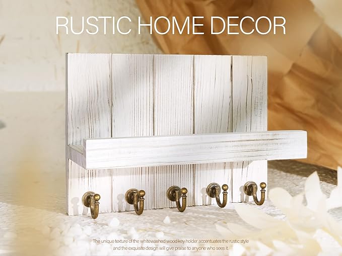 Rebee Vision Farmhouse Key Holder for Wall - Decorative Mail Organizer & Key Rack Wall Mount - Elegant 5 Sturdy Key Hooks with Floating Shelf for Living Room Decor (Whitewash, 3.54"D x 10"W x 7.28"H)