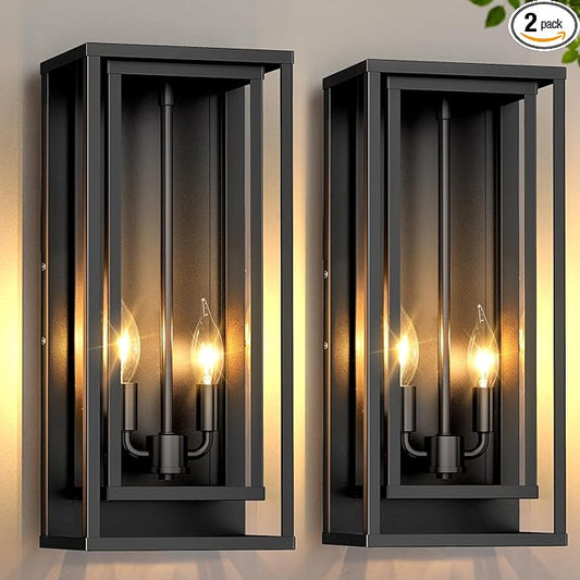 2-Pack Large Outdoor Wall Lanterns, 18” Exterior Waterproof Rectangular Sconce with Glass Shades, Matte Black Porch Lights, Anti-Rust 2-Light Modern Light Fixtures for Patio Garage Entryway Front Door