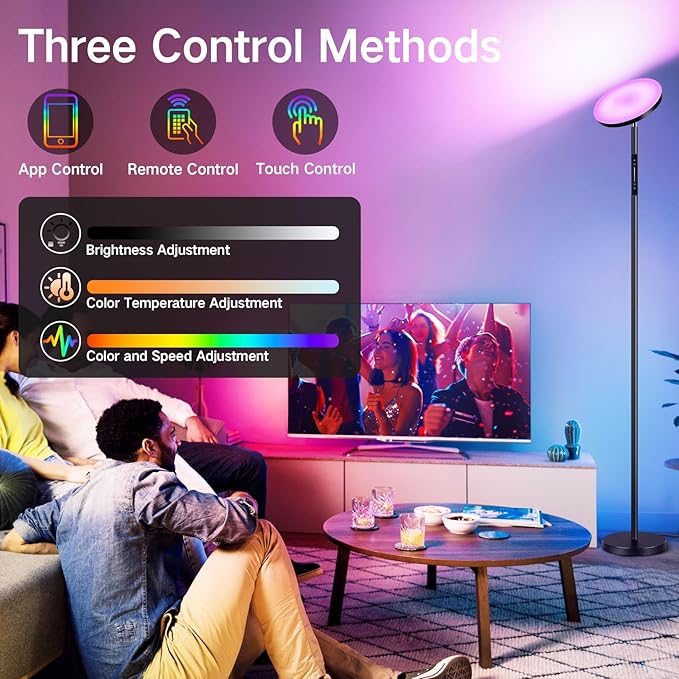 OUTON Smart RGB Floor Lamp, 36W LED Modern Torchiere Sky Lamp, Super Bright Stepless Dimmable Standing Tall Lamp with APP, Remote and Touch Control, LED Lamps for Living Room Bedroom,Gaming Room