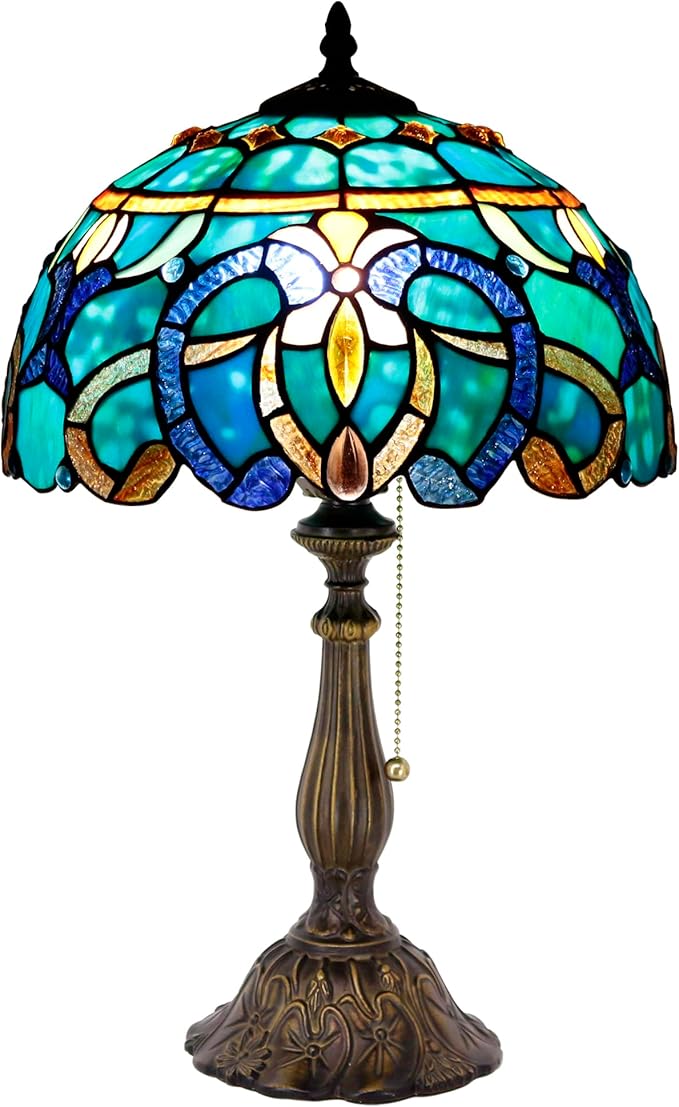 Tiffany Table Lamp Stained Glass Lamp 12X12X19 Inch Antique Reading Light (Green Brown Jewelry Baroque)