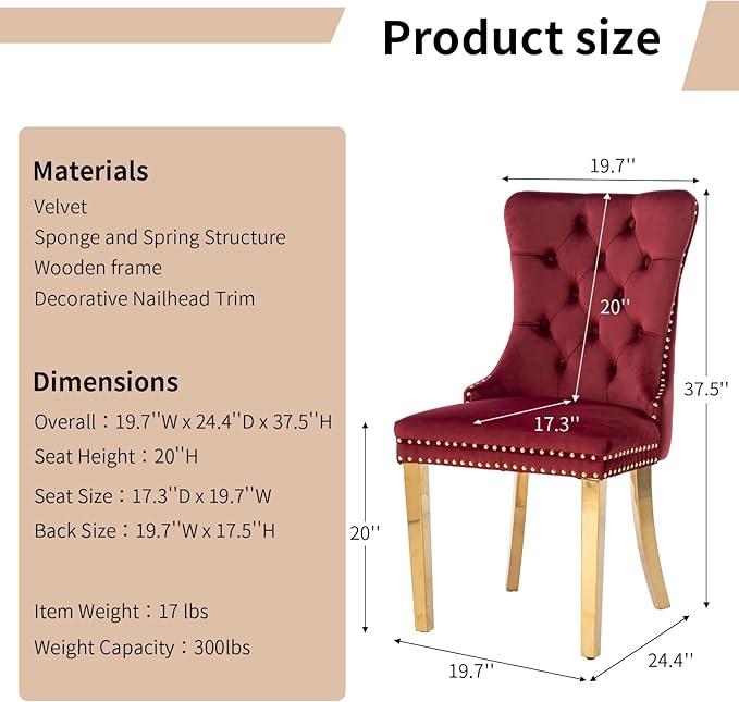 Luxury Upholstered Dining Chairs Set of 6, Red Kitchen Chair with Golden Metal Legs, Velvet Tufted Back Dining Chair, Sillas de Comedor, Modern Kitchen & Dining Room Chairs (Burgundy, 6 Pcs)