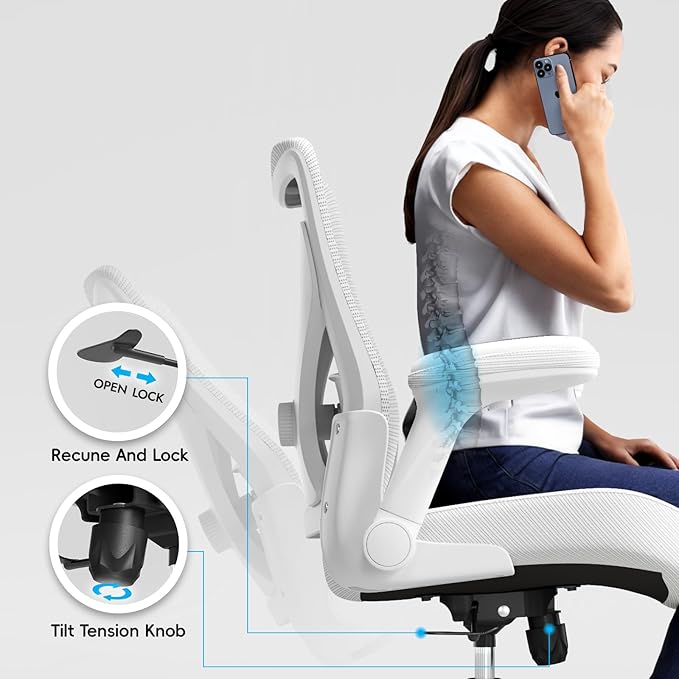 Office Home Ergonomic Desk Chair-Computer X-Shaped Chair Mesh PU Leather with Adjustable Lumbar Support-Executive Chair High Back Flip-Up Arms for Long Hours (White-No Headrest)