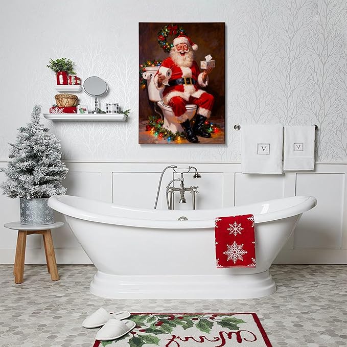 Funny Santa Claus Christmas Canvas Wall Art - Humorous Bathroom & Office Framed Print Ready to Hang, Unique Christmas Gifts for Family, Festive Winter Decor & Amusing Christmas Decorations