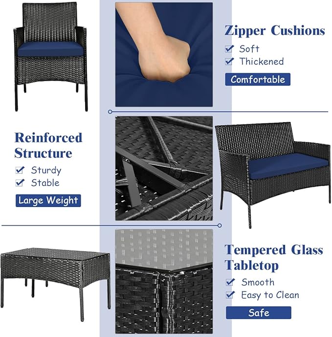 Tangkula 4 Pieces Patio Furniture Set, Outdoor Wicker Conversation Set with Tempered Glass Tabletop, Rattan Sofa and Chairs Set with Off White & Navy Cushion Covers