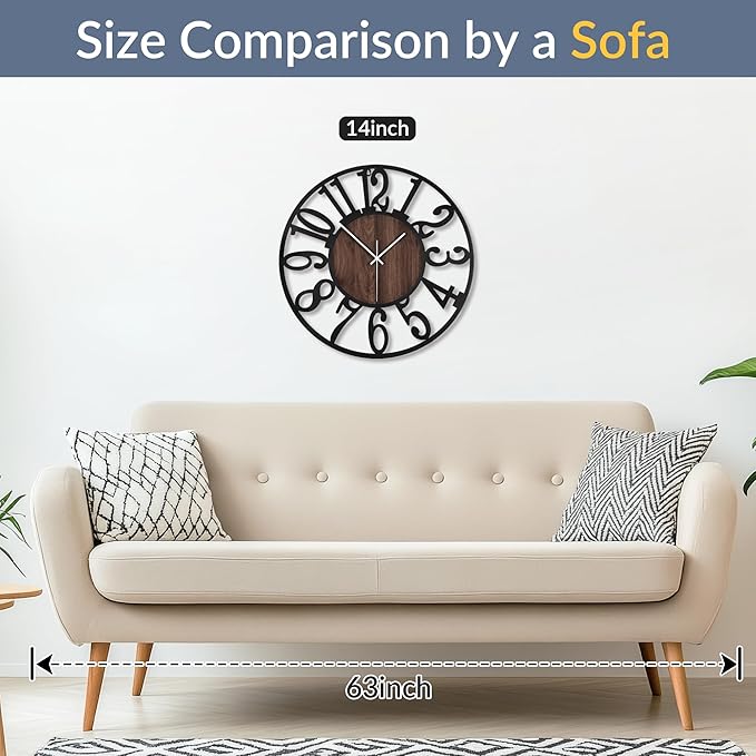 LEIKE 14in Arabic Numeral Wall Clock Battery Operated Black, Silent Non Ticking, Wall Clocks for Living Room Decor, Small Classic for School, Office, Home, Kitchen, Bedroom