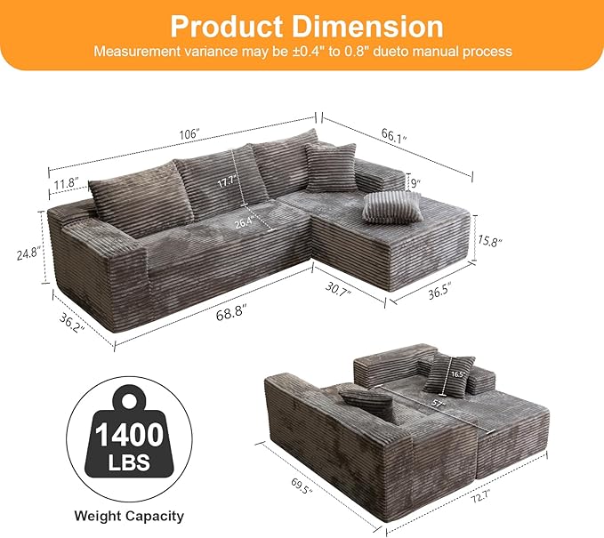 106'' Boneless Couches for Living Room, L Shaped Modular Sectional Sofa with Chaise Lounge, Faux Rabbit Fur & Layered Cushion Deep Seat Cloud Couch, No Assembly (Light Coffee, Right Facing Chaise)