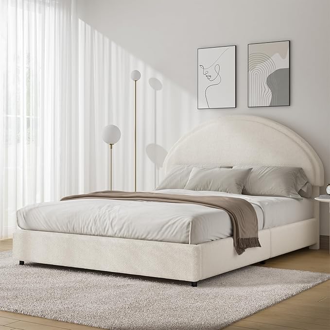 Full Size Bed Frame with Round Headboard, Upholstered Platform Bed Frame, Boucle Soft Bed Frame, Modern Style, No Box Spring Required, Easy Assembly, White