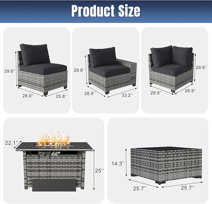 Aoxun 13 Pieces Patio Furniture Set with 44” Fire Pit Table Wicker Rattan Outdoor Sectional Conversation Set with Coffee Table and 4” Thickened Cushions, Gray/Black(Waterproof Cover Included)