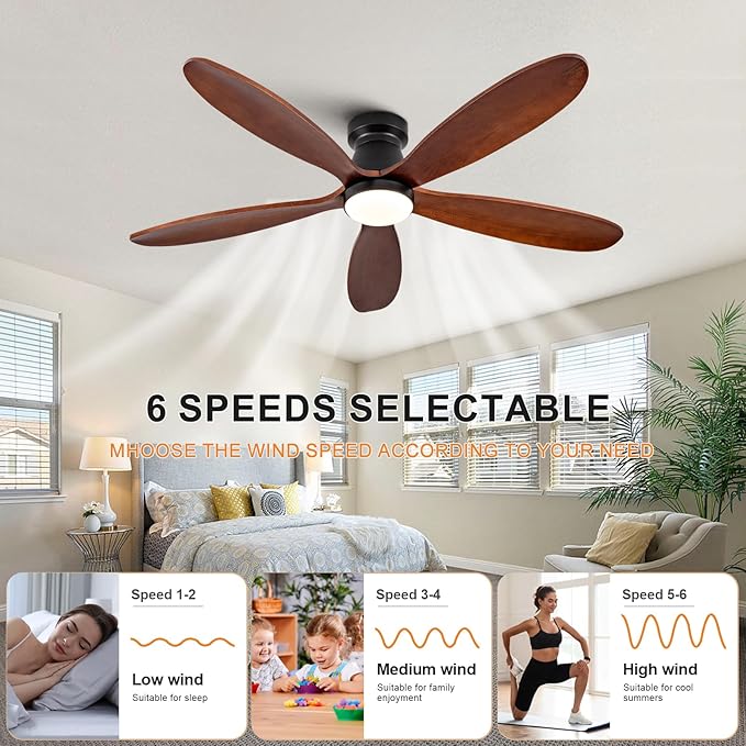 52 Inch Ceiling Fans with Lights and Remote, Low Profile Flush Mount Modern Wood Ceiling Fan with Light, 5 Blades, Dimmable, Wall Switch, Indoor Outdoor Black Ceiling Fan for Bedroom