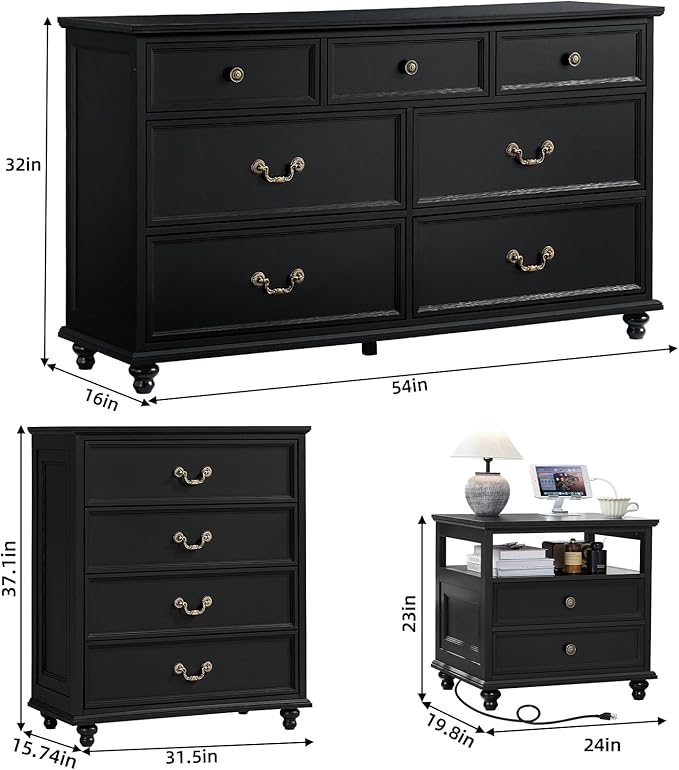 24" Wide Farmhouse Nightstand with Charging Station Set of 2,54" 7 Drawers Dresser, 37" Tall Rustic Chests of Drawers, Farmhouse Furniture Series for Bedroom,Black