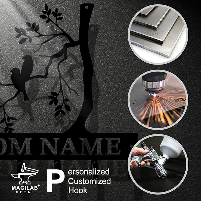 Personalized Custom Name Birds of Trees Wall Key Hooks,Metal Birds of Trees Art Clothes Hooks,Metal Birds of Trees Wall Home Storage Decorative,For Front Door, Hallway, Kitchen, Bedroom(Style G)