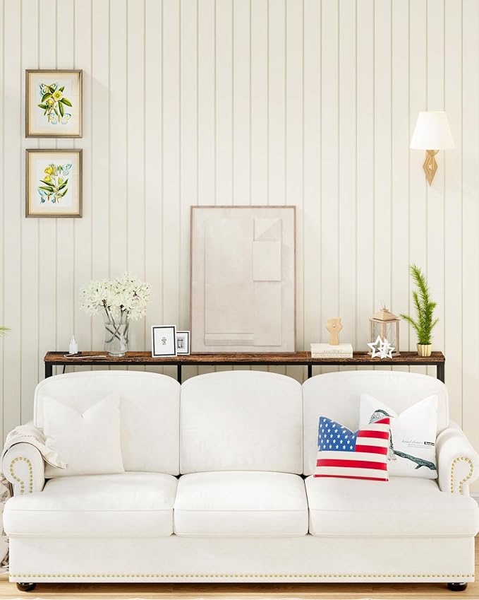 70.9" Narrow Console Table with Power Outlet 7.1" Skinny Sofa Table, Long Behind Couch with Charging Station for Hallway, Living Room Rustic Brown and Black TXG18UBF