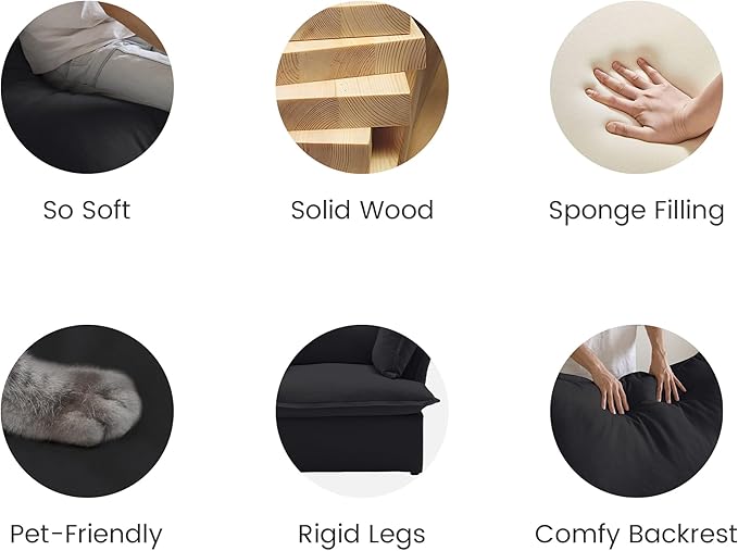 WJShome Modern Down Filled Sigle Middle Seat, Cloud Modular Sectional Sofa, Minimalist Wide Deep Seat Couches for Living Room Apartment Lounge Bedroom (Black)