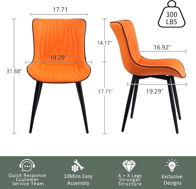 YOUTASTE Dining Chairs Set of 2, Mid Century Modern Upholstered Faux Leather Kitchen Room Chairs, with Black Metal Legs, Armless Accent Chair for Living Room, Bedroom, Vanity, Orange