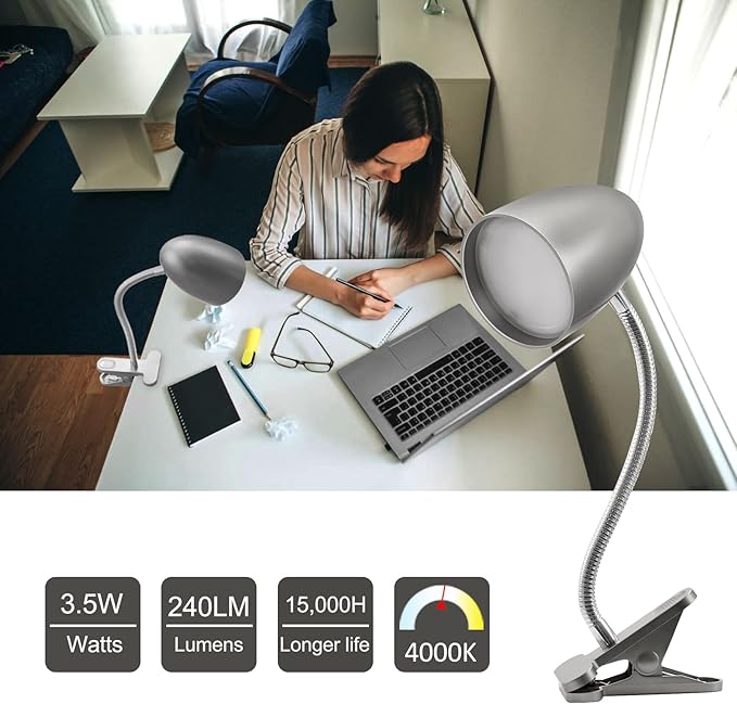 Desk lamp with Clamp, Non-Dimmable Clip Light for Bed and Desk, 4000K Cool White, 3.5W 240 LM Flexible Gooseneck lamp, Eye Protection, ETL Listed