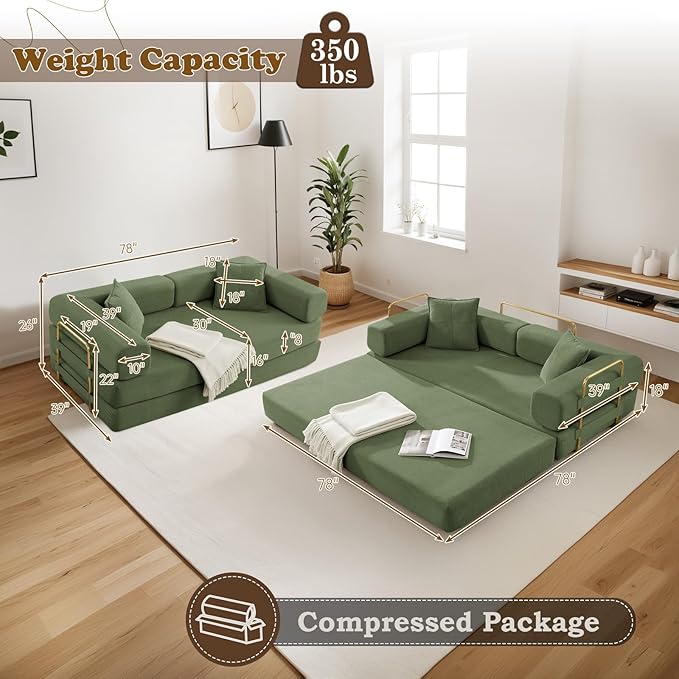 Antetek Convertible Futon Sofa Bed, 3-Seater Modern Corduroy Foam Floor King Size Bed Fold Out Sleeper Lounge Loveseat Sofa Couch with 2 Throw Pillows for Living Room Bedroom Guest Room, Army Green