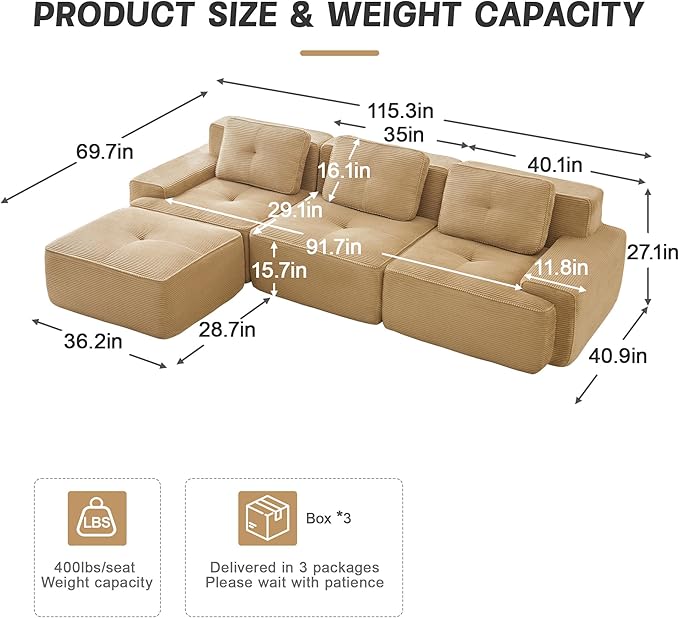 115.3'' Sectional Sofa, 32D Foam Corduroy Boneless Couch with Pillow, Deep Seat Wide Arm Sectional L Shaped Couch for Living Room, Apartment, Bedroom