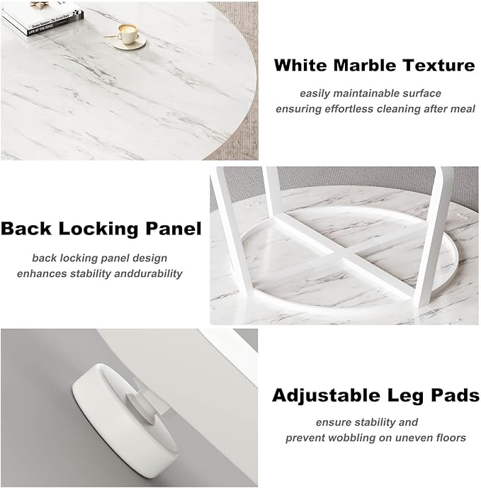 LVB White Faux Marble Round Dining Table, Circle Dining Table Kitchen 4-6 People, Mid-Century Pedestal Dinner Office Living Room, White Marble, 51 Inch