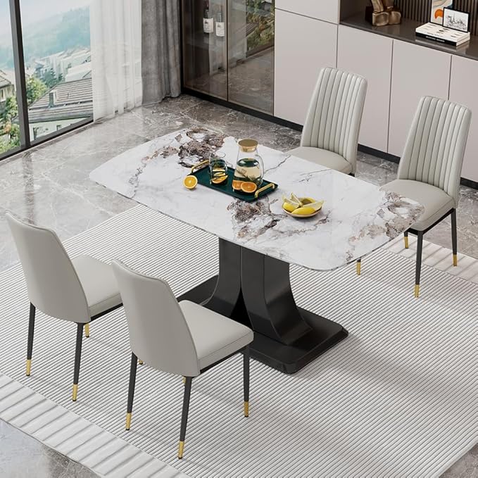 Modern Dining Table Set for 4, Marble Kitchen Table Chair Set for 4, Rectangular Kitchen Table with 4 Pu Leather Upholstered Chair for Dining Room