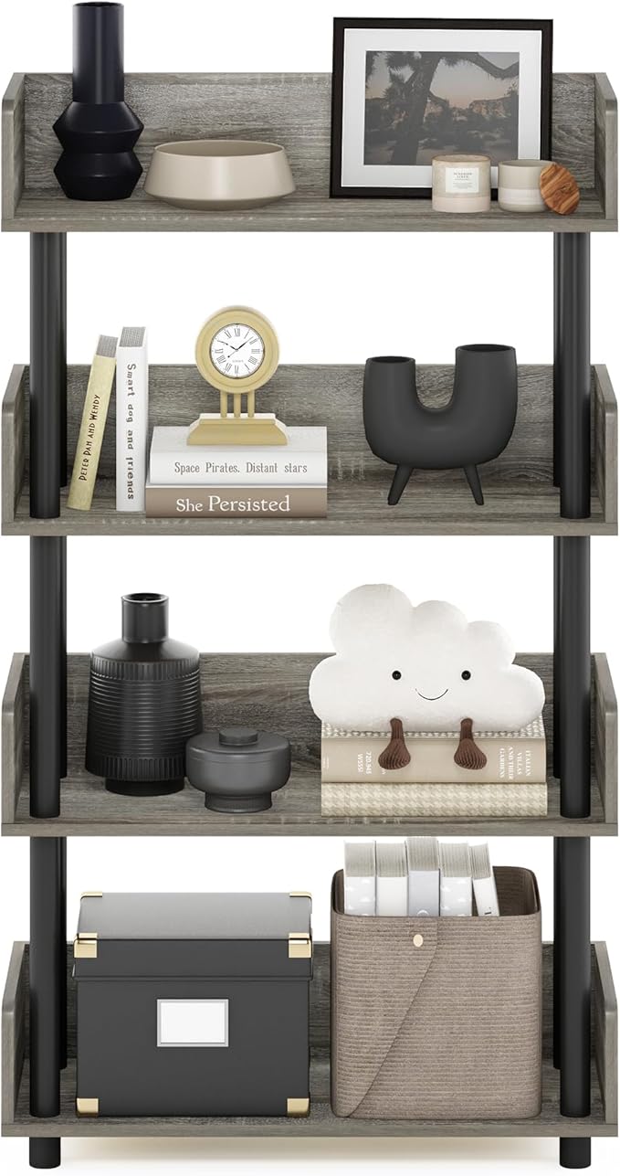 Furinno TURN-N-TUBE 4-Tier Display Shelf, Storage Shelves, Book Shelf, Open Shelves with Rounded Corner Top Edges, for Organization and Storage, Living Room, Home Office, French Oak