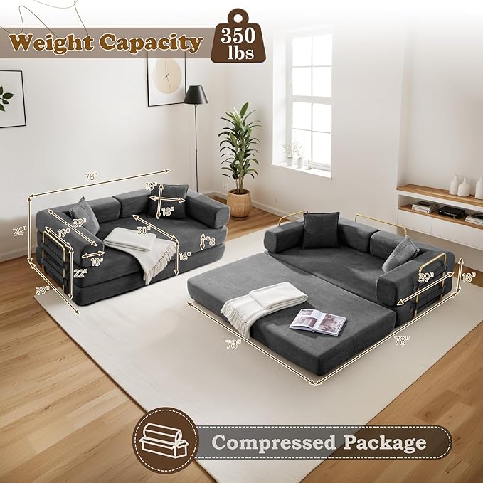 Antetek Convertible Futon Sofa Bed, 3-Seater Modern Corduroy Foam Floor King Size Bed Fold Out Sleeper Lounge Loveseat Sofa Couch with 2 Throw Pillows for Living Room Bedroom Guest Room, Dark Grey