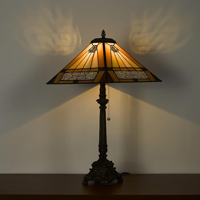 Tiffany Table Lamps Yellow Stained Glass Striped Checkered Style Mission Desk Lamp 12X12X24 Inch Bronze Resin Base