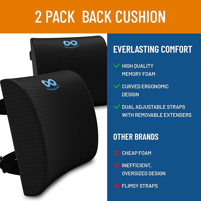 Everlasting Comfort Lumbar Support Pillow for Office Chair - Memory Foam Back Cushion for Car Seat - Promotes Better Posture, Back Pain Relief - Ideal Gaming and Desk Chairs Work and Home Essentials