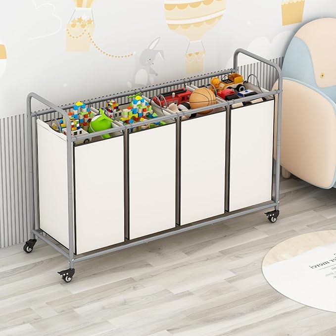 Laundry Sorter 4 Section Hamper Sorter with Heavy Duty Lockable Rolling Wheels Removable Bags Basket Separator for Dirty Clothes Storage, Beige