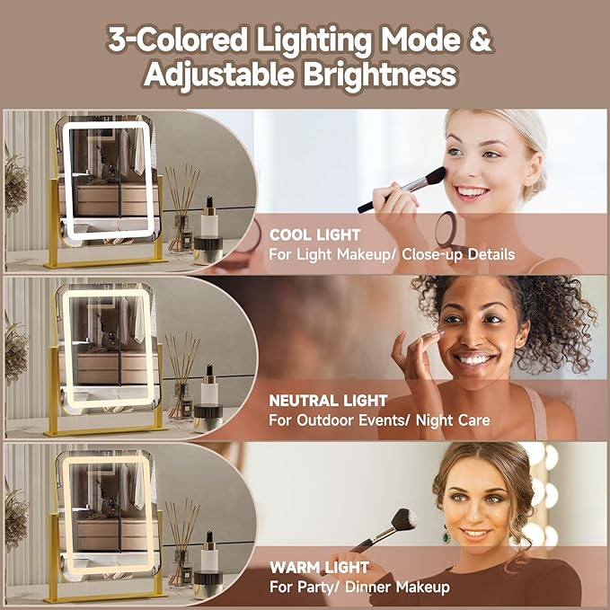 PRIMETEK Vanity Mirror with Lights, 16"x14" Large LED Lighted Makeup Mirror, Hollywood Makeup Mirror, Touch Screen, 3-Color Lighting, 5X Magnification, for Vanity Desk Tabletop, Bedroom, Gold