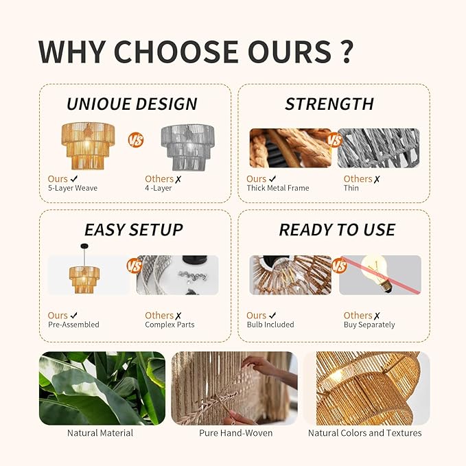 12''Natural rattan chandelier -Small Farmhouse Boho Style with E27 Bulb, 120V pendant light, fandelier, hanging lamp, wicker pendant lamps for Dining Room/Kitchen/Bedroom/Living Room/Island