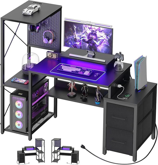 Small Gaming Desk with 2 Fabric Drawers - Reversible Computer Desk with Power Outlet & LED Lights, 49" Office Desk with Monitor Stand & Storage Shelves, Writing Study Table with Pegboard, Black