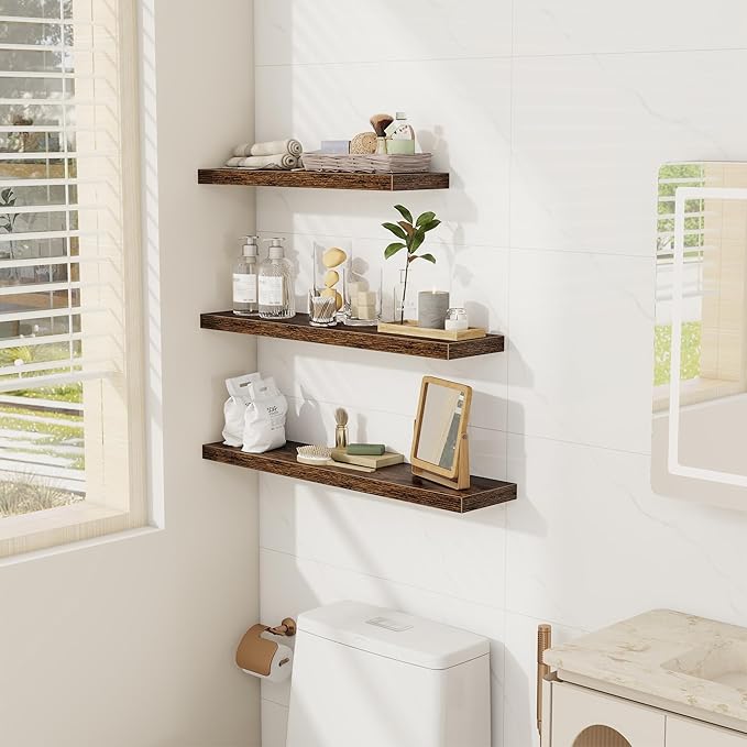 Fun Memories Floating Shelves Wall Shelf 24 inches Long, Farmhouse Bathroom Shelves Bedroom Kitchen Living Room Shelf Wall Mounted, 24 x 6.7 x 1.4 inch Set of 3, Rustic Brown