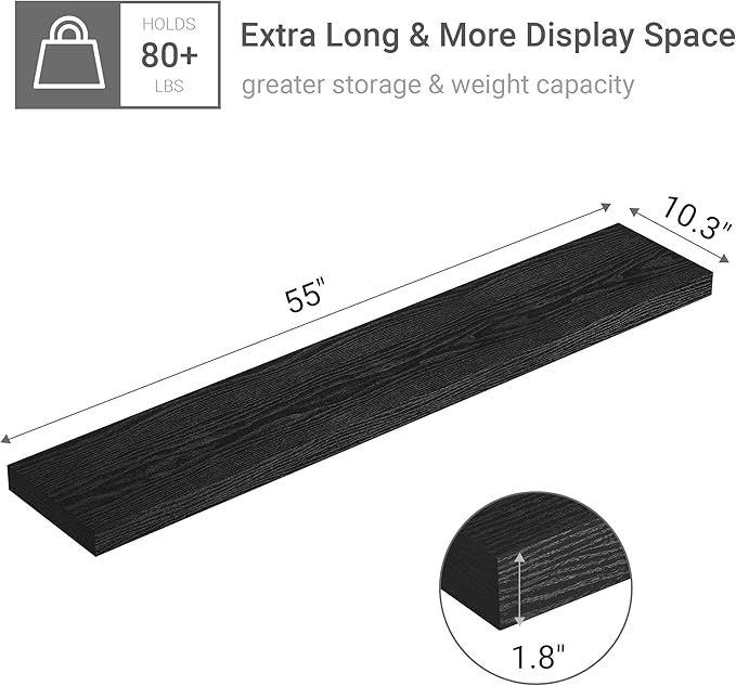 Vivelove 10" Deep Floating Shelves for Wall, 55in Long Shelf for Bathroom, Living Room, Kitchen, Farmhouse, Shelves for Room Wall with Invisible Brackets, Set of 1, Black