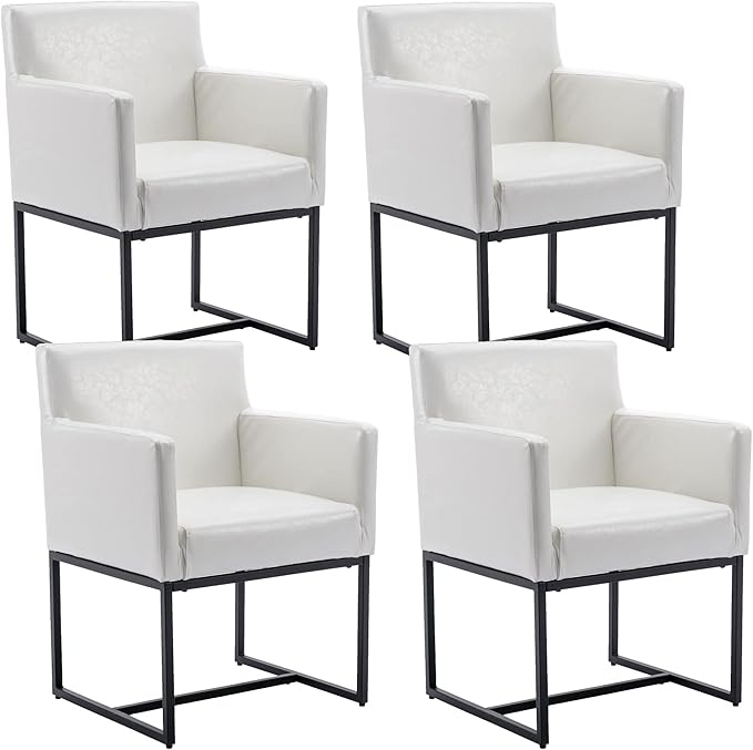 Set of 4 Upholstered Dining Chairs with Armrest, PU Leather Modern Accent Armchairs, Kitchen & Dining Room Chairs Side Chairs, White