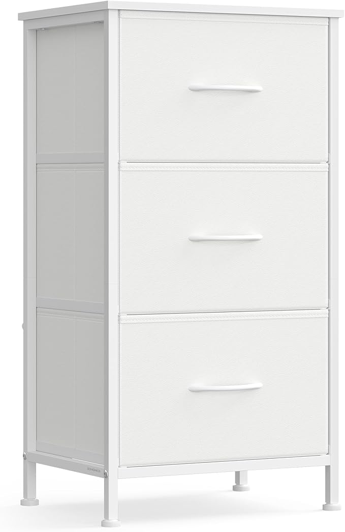 SONGMICS Dresser for Bedroom, Chest of Drawers, Steel, MDF, 3 Non-Woven Fabric Drawers, Storage Organizer Unit, Closet, Entryway, Cloud White and Snow White ULGS313W01S