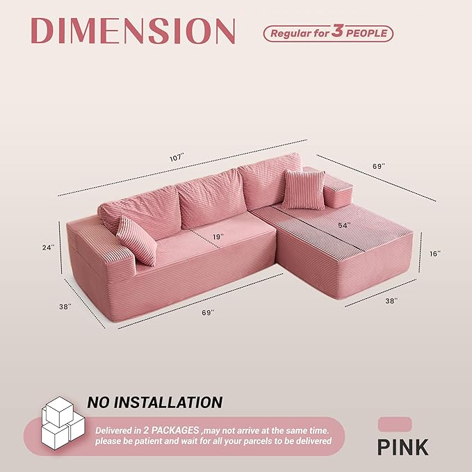 107" Boneless Couch with Deep Seat, Modular Sectional Sofa, Cloud Sectional Couch for Living Room, No Assembly Required, Corduroy, L-Shape Right Pink