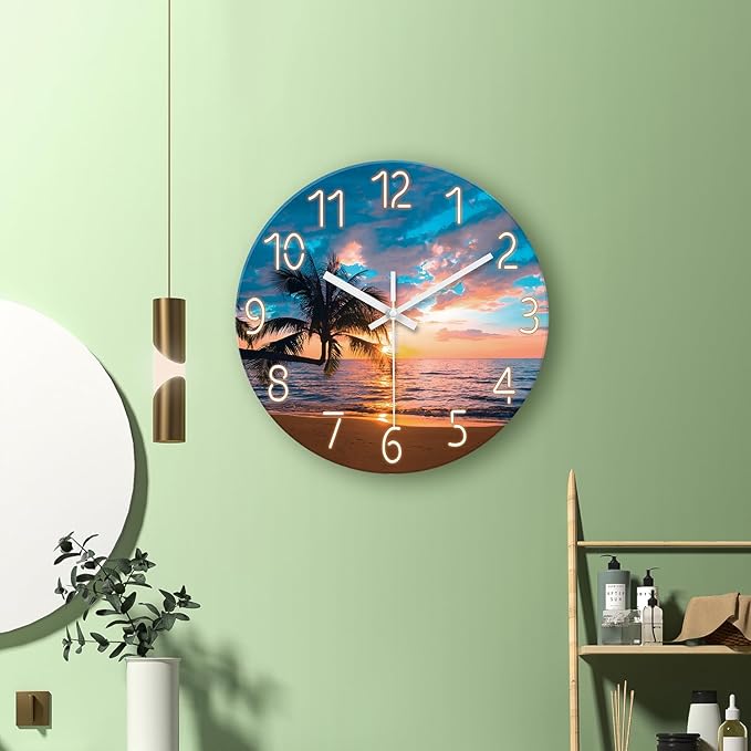 XFM Blue Beach Wall Clocks Battery Operated 20 Inch Palm Tree Silent Wall Clock Sunset Glass Coastal Wall Clock for Living Room Bedroom Kitchen Office