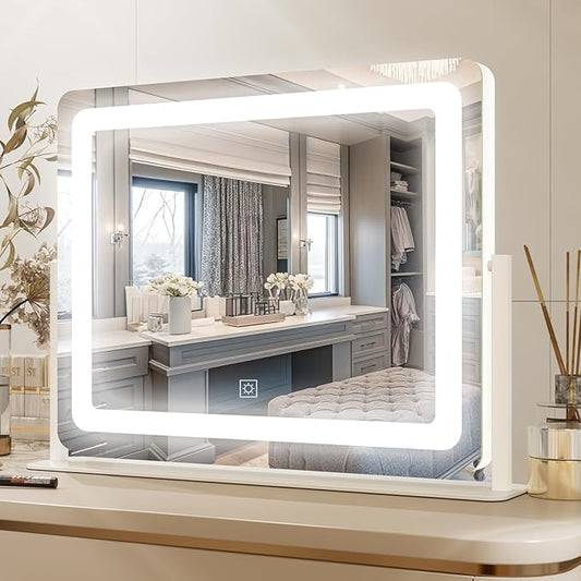 PRIMETEK Vanity Mirror with Lights, 22"x19" Large Makeup Mirror with Lights, Hollywood LED Lighted Makeup Mirror, Touch Sensor with 3-Color Lighting, Dimmable for Vanity Desk Tabletop, Bedroom, White