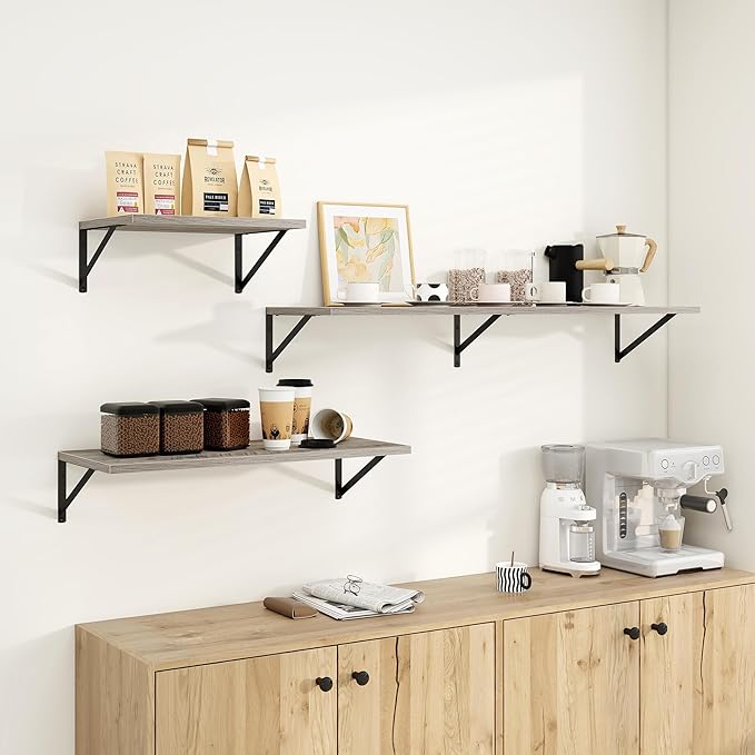 Dreamland Floating Shelves for Wall, 12 Inch Deep Floating Shelves Set of 2, 30W x 12D Large Wall Shelf with Sturdy Metal Brackets for Living Room, Bathroom, Bedroom and Kitchen, Grey