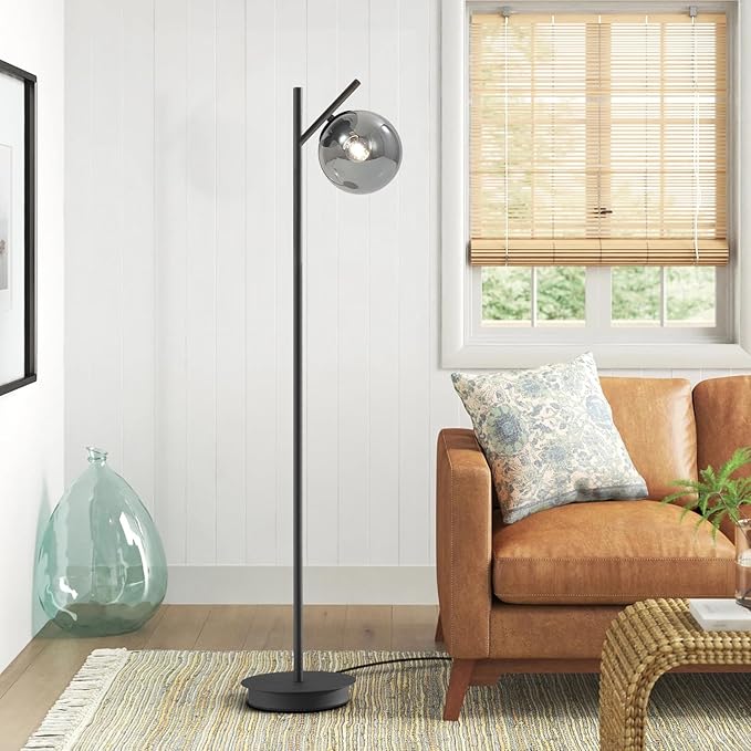 Mid Century Floor Lamp for Living Room Moderm Tall Standing Lamp with Frosted Glass Globe Shades Contemporary Brass Freestanding Lamp for Office Bedroom (Black-Smoky Gray)