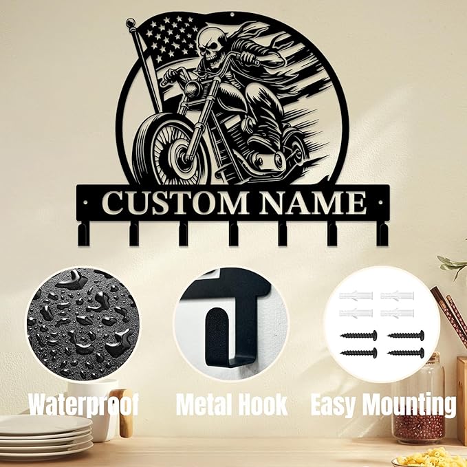 magilab Personalized Custom Name Motorcycle Keys Hooks,Metal Art Clothes Hooks, Motorcycle Lover Wall Home Storage Decorative,Key Holder Hooks for Wall (Style J)